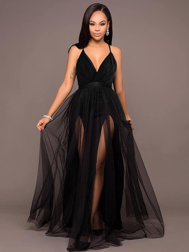 Women's Elegant Deep V-Neck Split Maxi Dress for Cocktail Parties and Formal Events