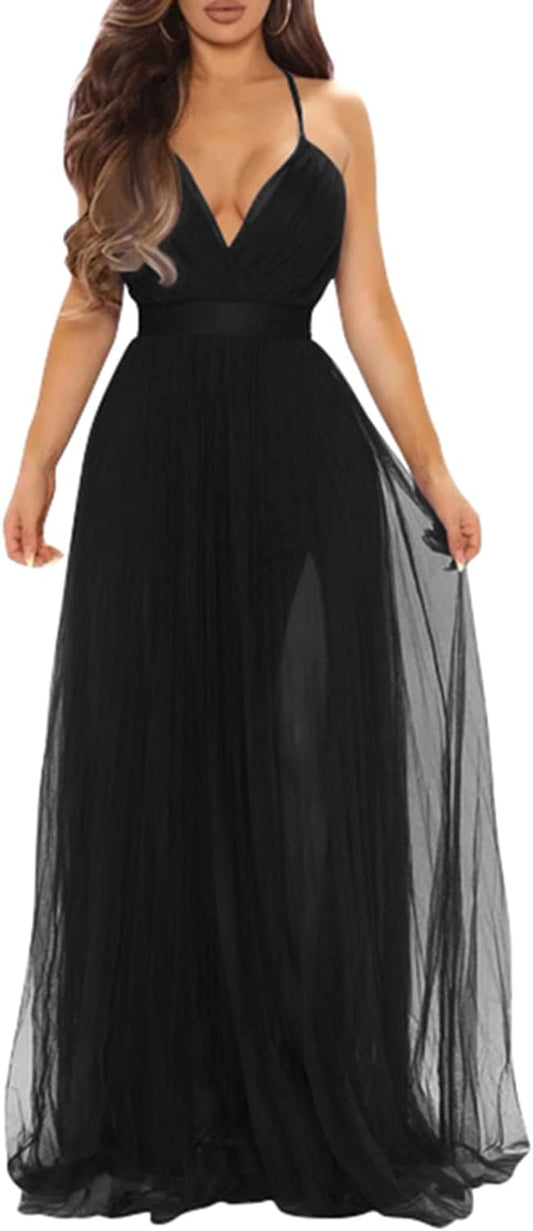 Women's Elegant Deep V-Neck Split Maxi Dress for Cocktail Parties and Formal Events